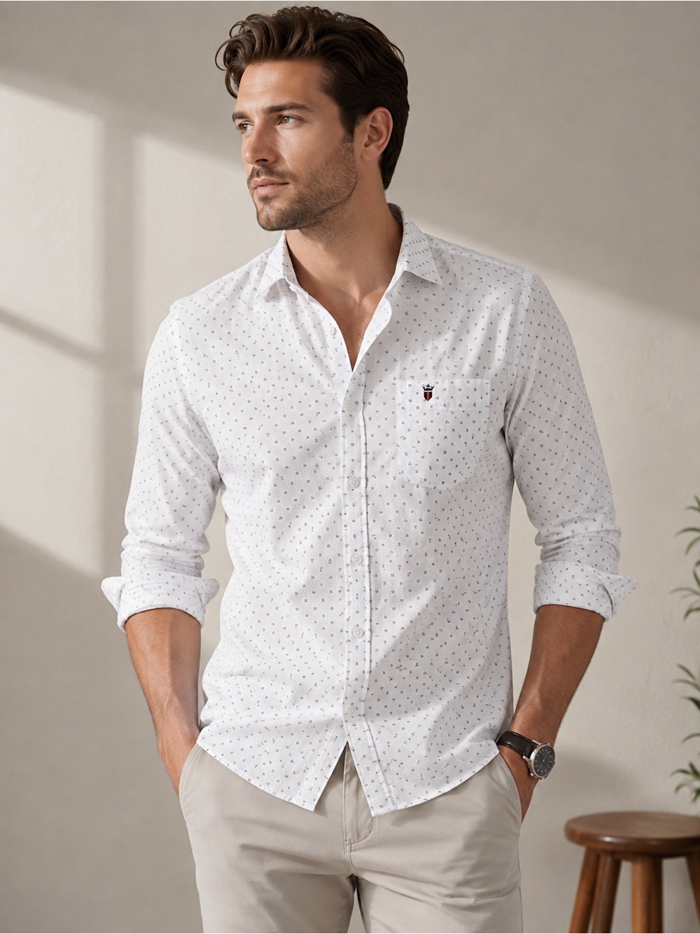 LP Louis Philippe White Micro Print Slim Fit Button Down Shirt Men's Long Sleeve
